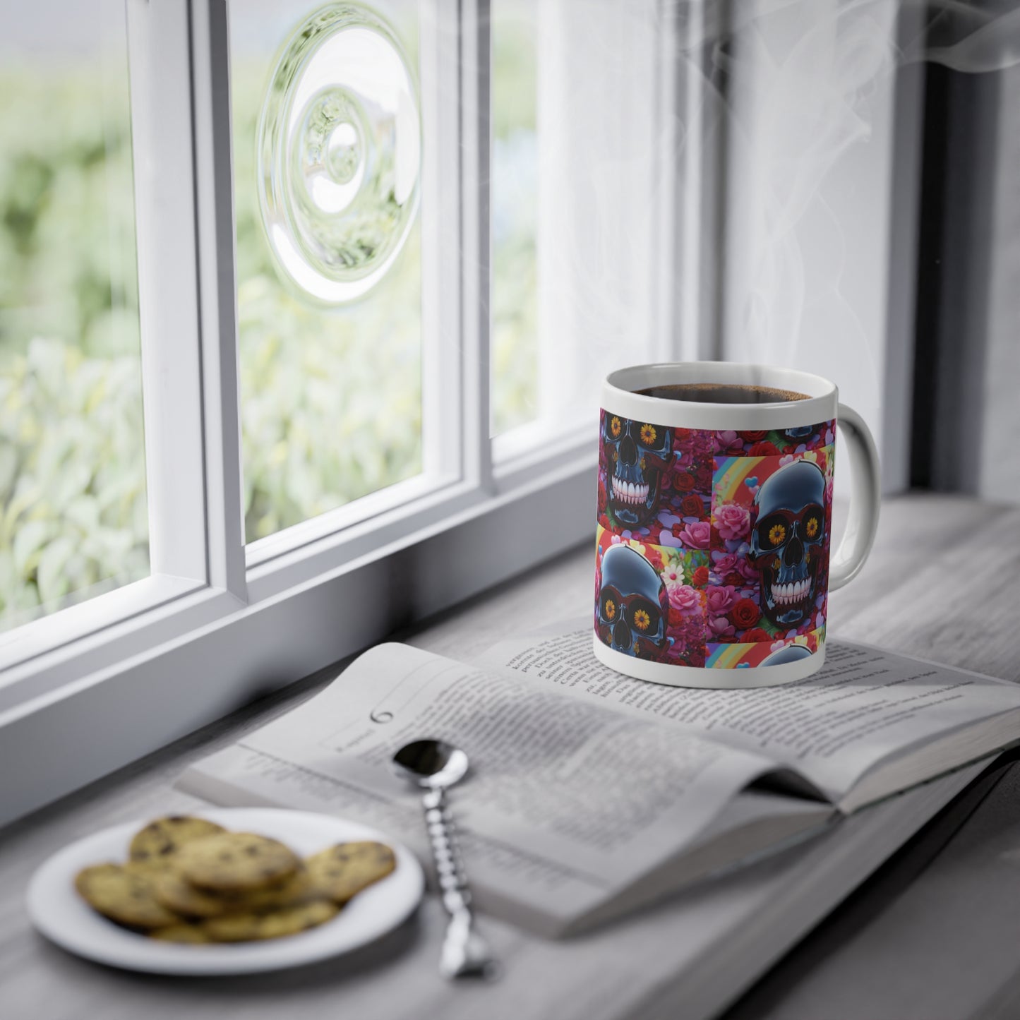 Tasse à offrir pas cher d'un crâne multicolore avec des fleurs en céramique
