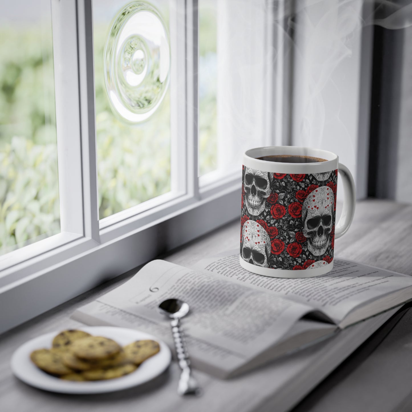 Tasse à offrir Céramique idée cadeau Tête de mort en noir et blanc avec des roses rouges