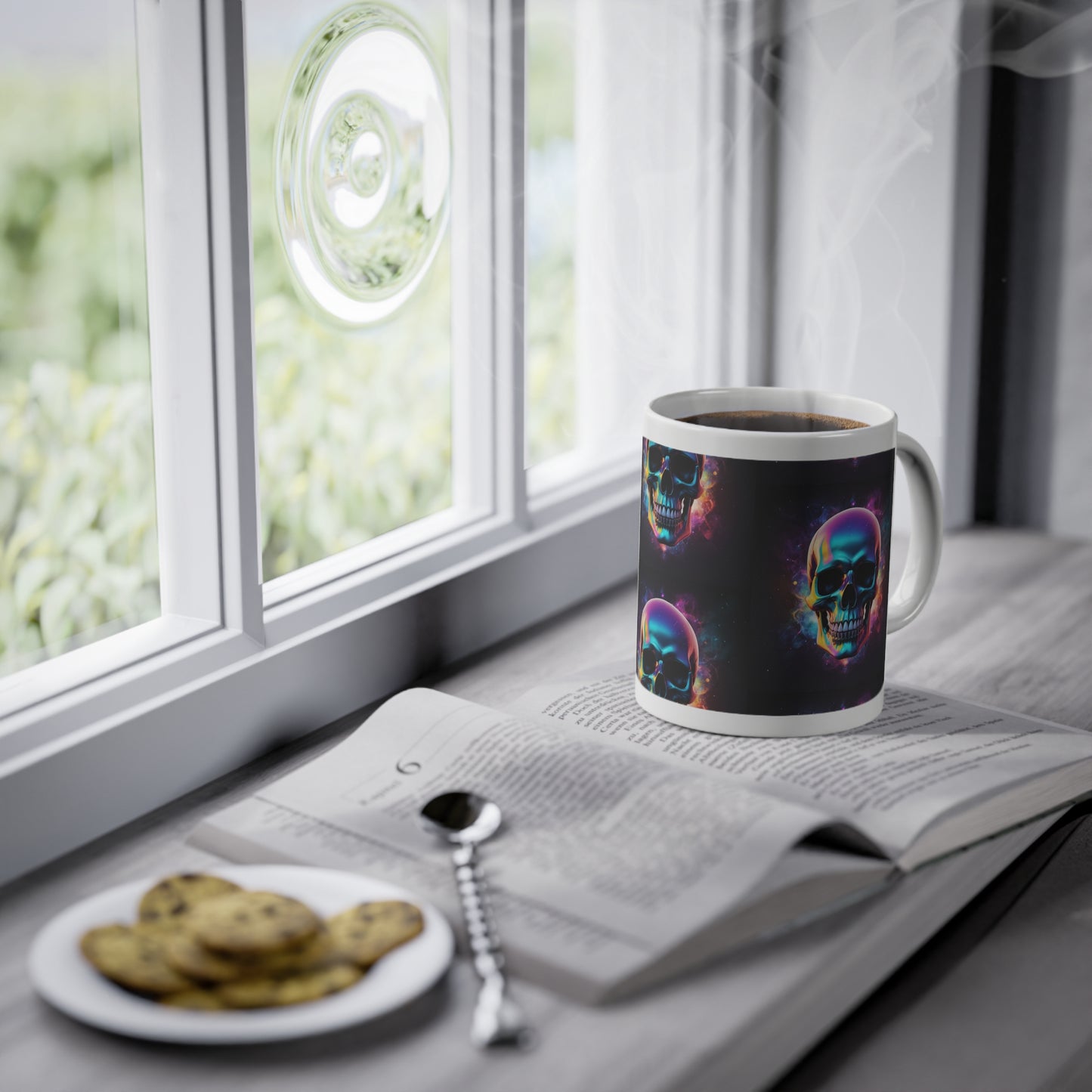 Tasse à offrir tête de mort multicolore sur fond étoilé, design gothique et coloré