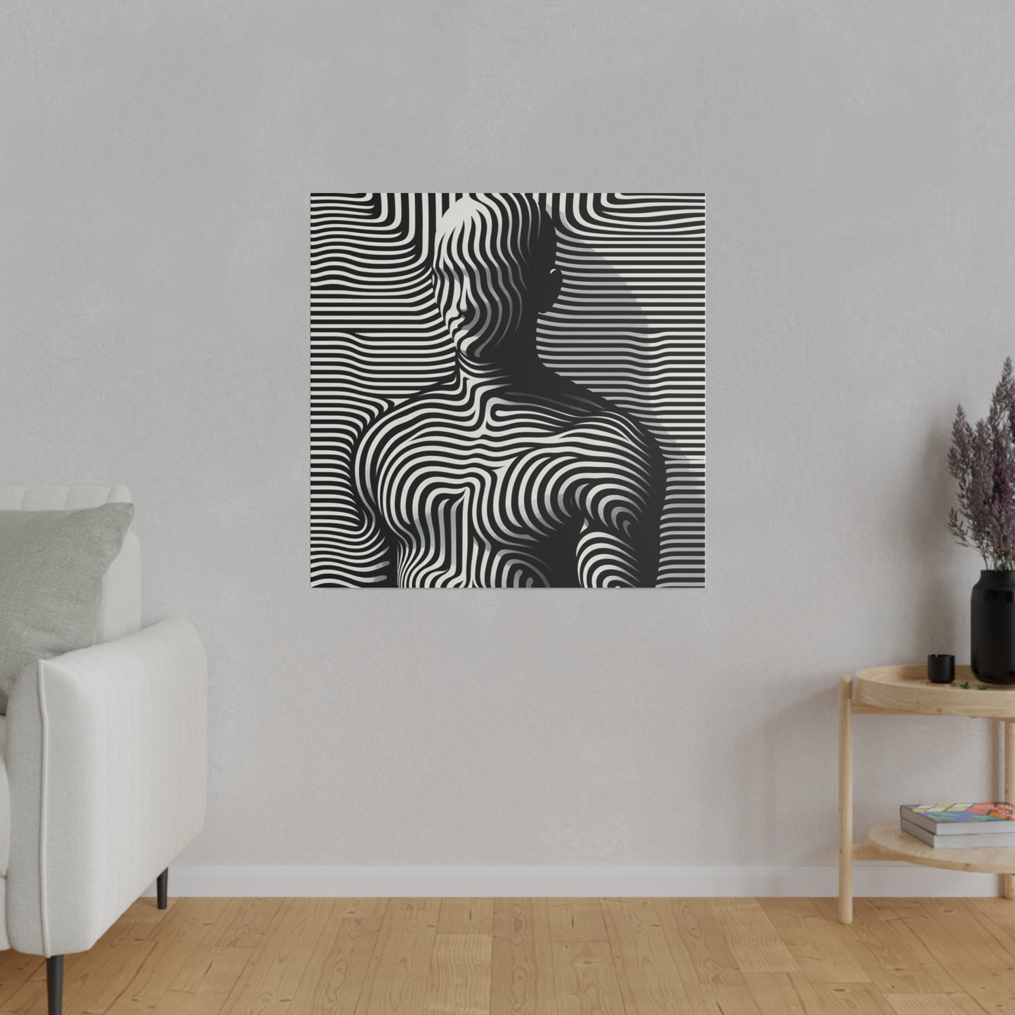 Tableau toile avec Silhouette homme camouflée illusion en art optique avec des lignes noires et blanches