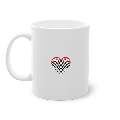 Mug cadeau blanc avec coeur optique rayé en rouge blanc noir