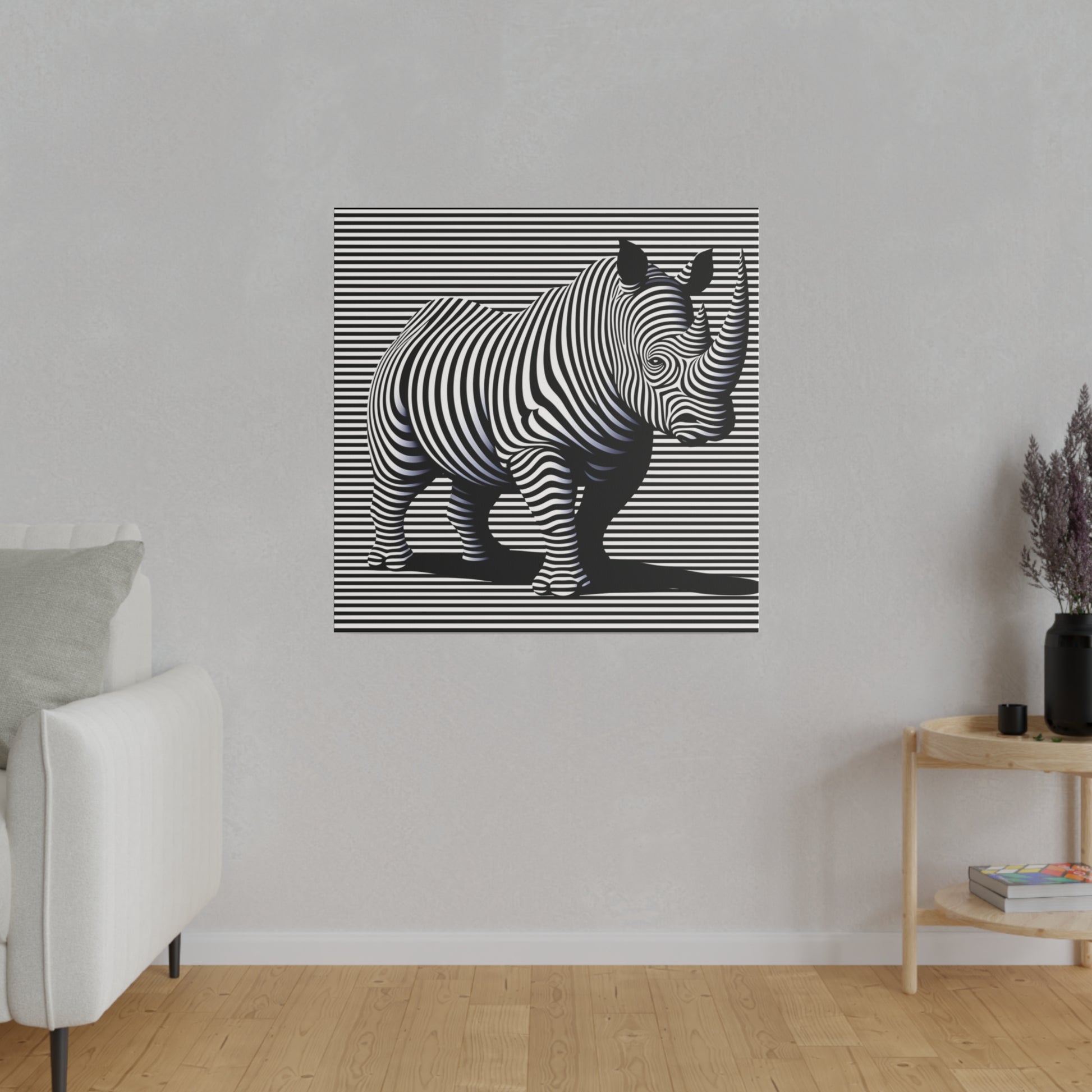 Toile avec une illusion moderne et desing en art optique rhinocéros en noir et blanc