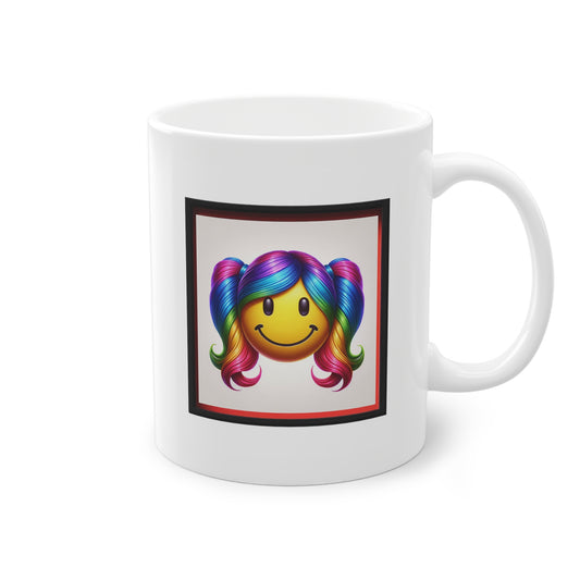 Mug cadeau céramique blanc avec smiley à couettes multicolores