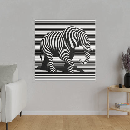 Toile moderne et design avec une image d’éléphant en art optique moderne type illusion avec rayures en noir et blanc