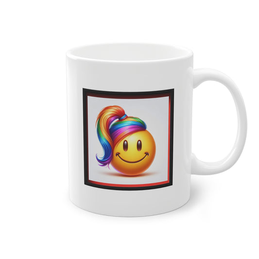 Côté du mug cadeau en céramique blanc avec un smiley joyeux avec queue-de-cheval multicolore