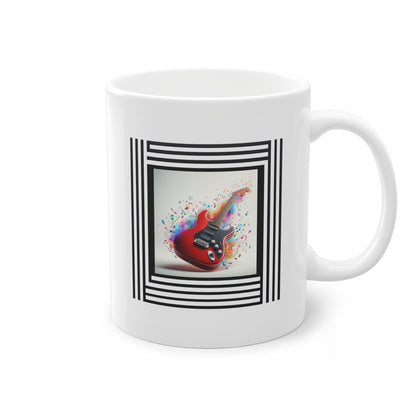 Mug cadeau original céramique blanc avec motif guitare électrique rouge et notes colorées