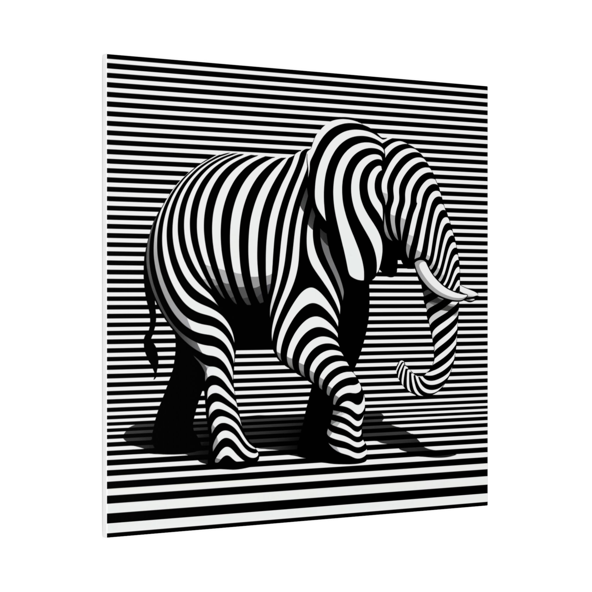 Toile moderne et design avec une image d’éléphant en art optique moderne type illusion avec rayures en noir et blanc