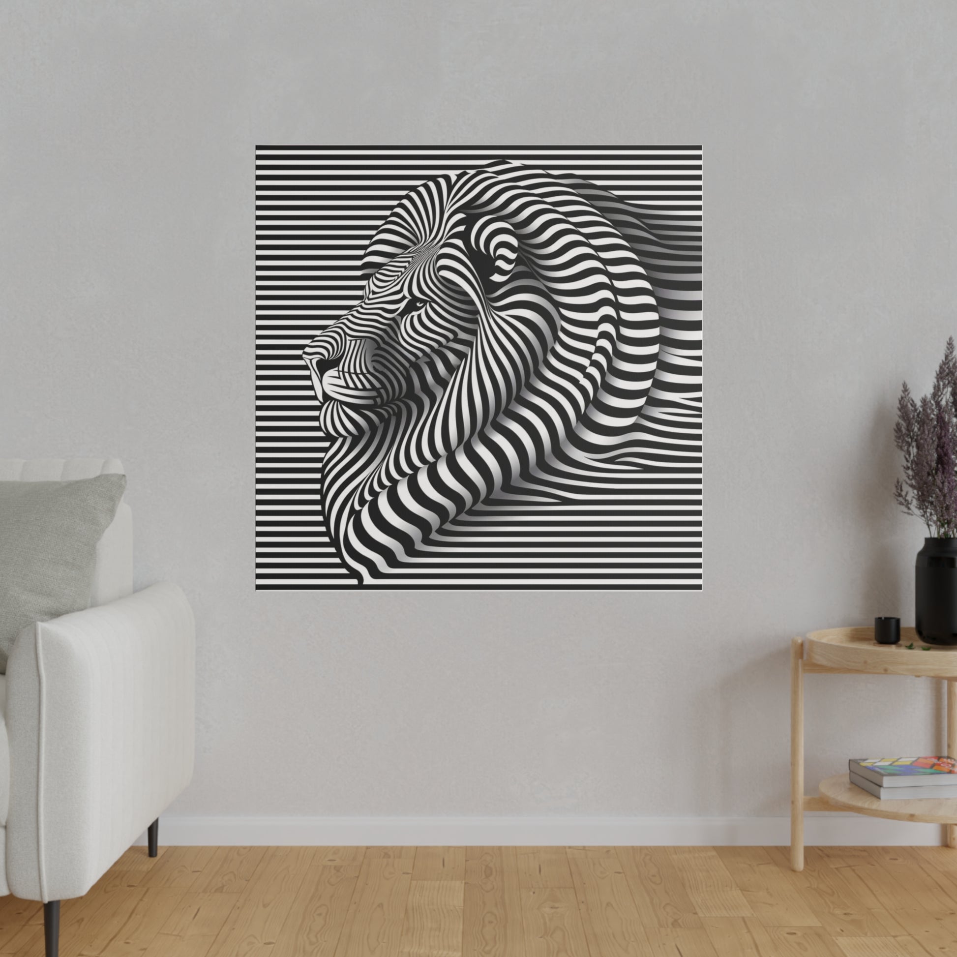 Toile décoration intérieure murale moderne d'une illusion design d'un lion en art optique avec des rayures en noir et blanc