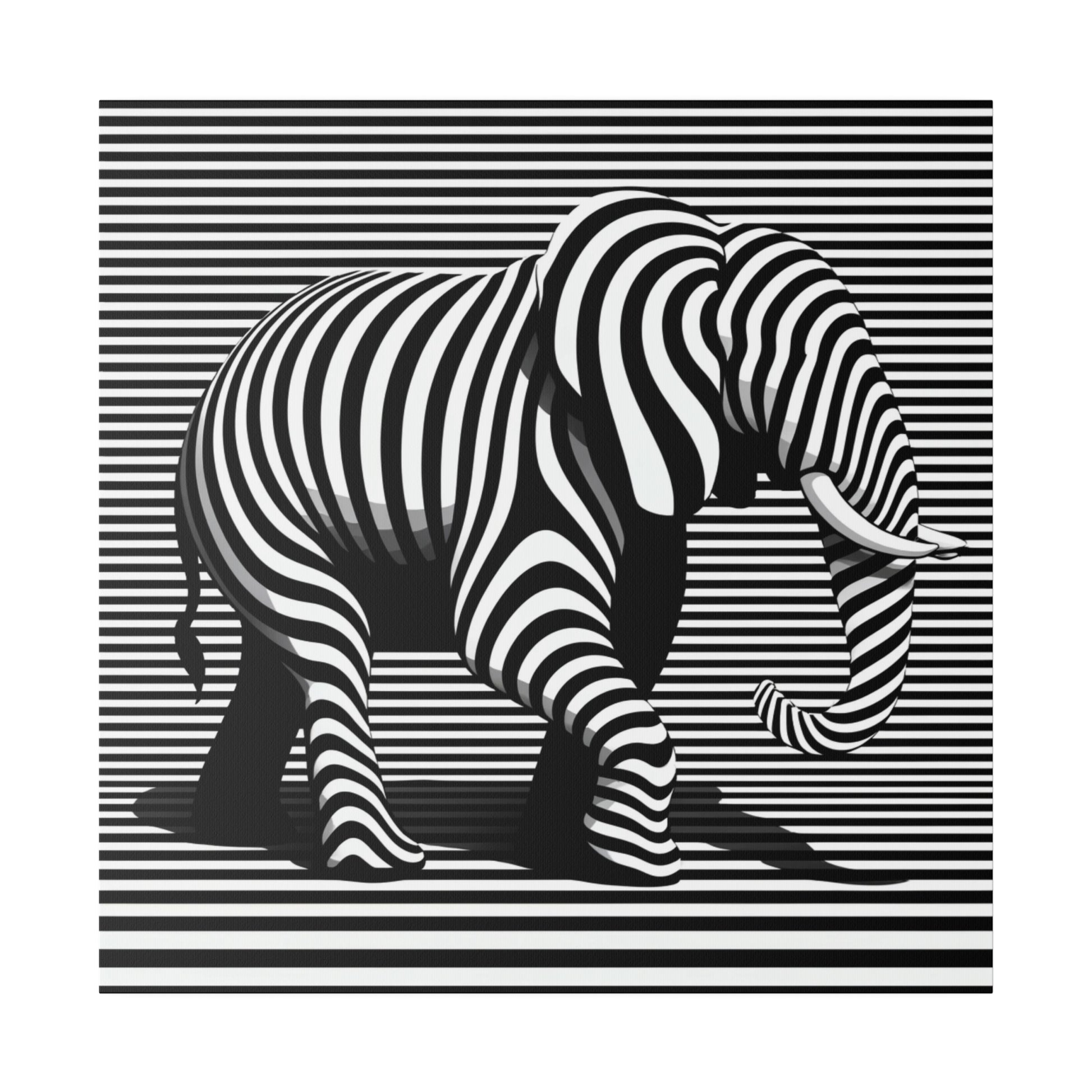 Toile moderne et design avec une image d’éléphant en art optique moderne type illusion avec rayures en noir et blanc