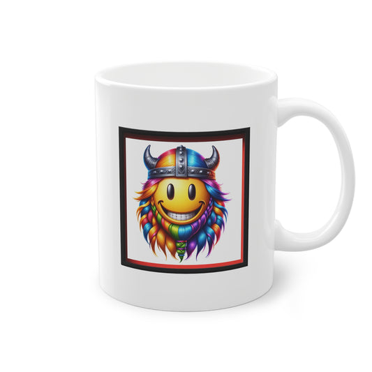 Mug céramique blanc avec un design de smiley avec cheveux Viking arc-en-ciel