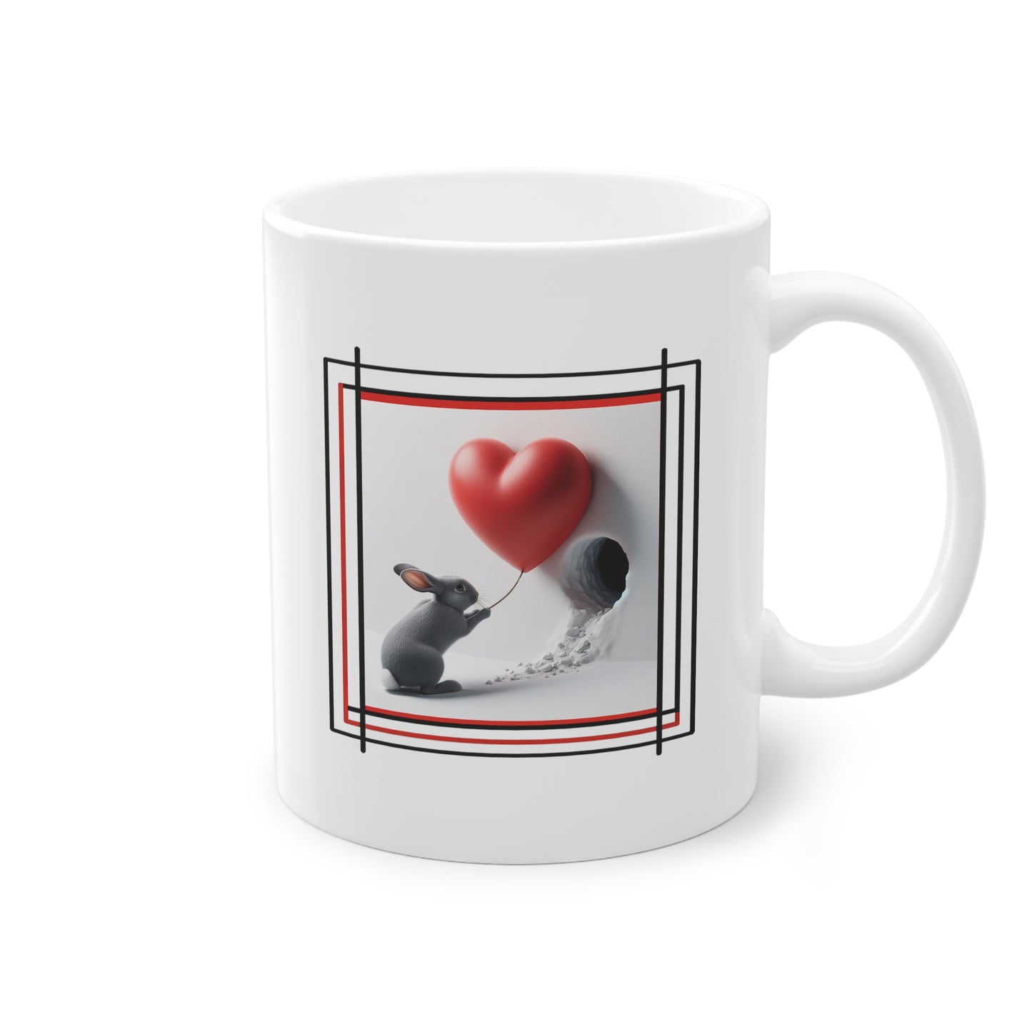 Côté du mug avec un lapin affectueux tirant un cœur pour cadeau de Saint-Valentin