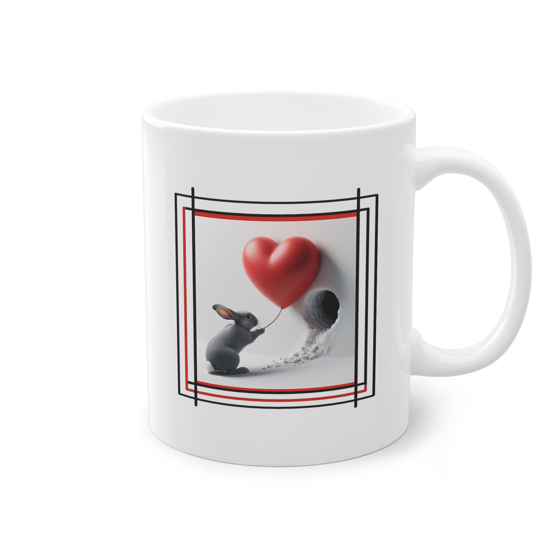 Côté du mug avec un lapin affectueux tirant un cœur pour cadeau de Saint-Valentin