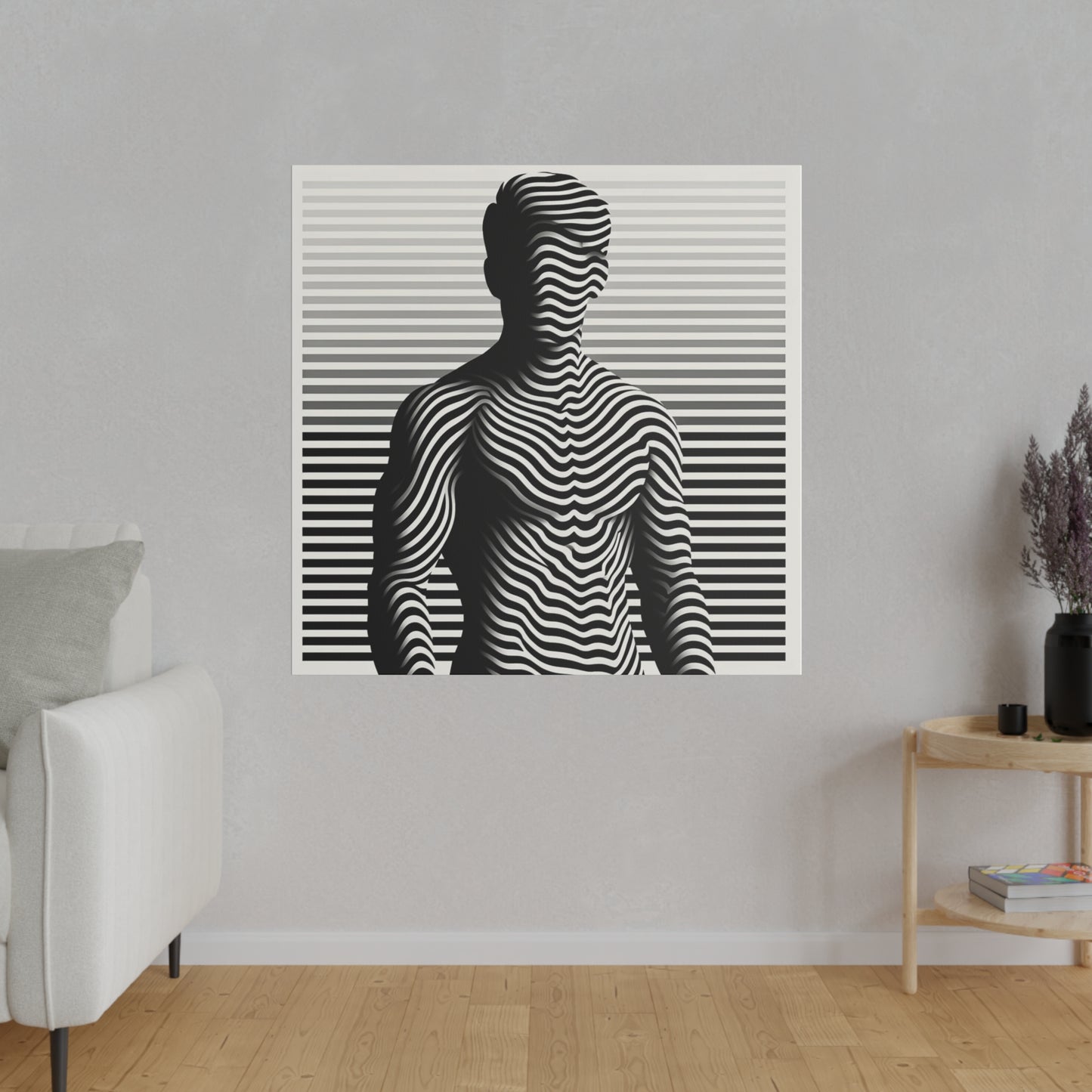 Tableau Toile d'une silhouette d'un homme en art optique type illusion en noir et blanc