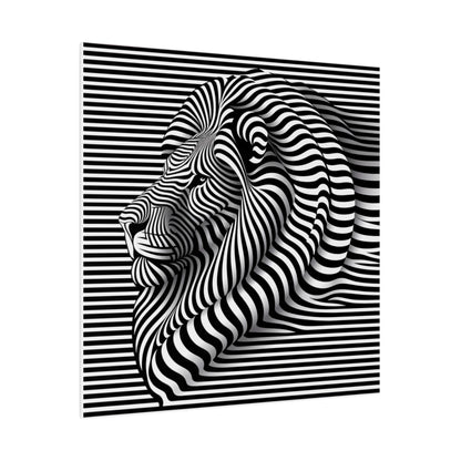 Toile décoration intérieure murale moderne d'une illusion design d'un lion en art optique avec des rayures en noir et blanc