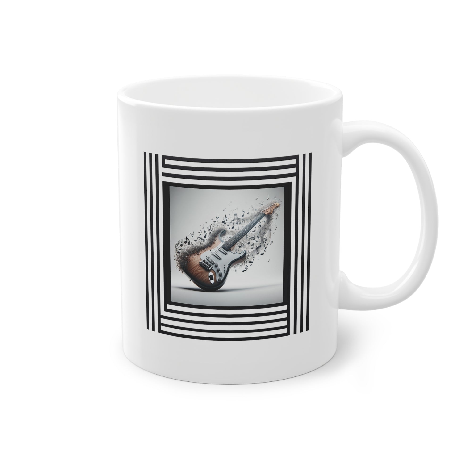 Mug blanc céramique à offrir comme cadeau, avec guitare électrique et notes de musique