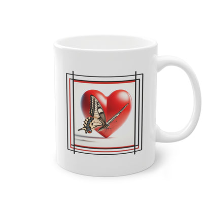 Mug cadeau céramique blanc avec papillon Machaon devant coeur rougerouge"