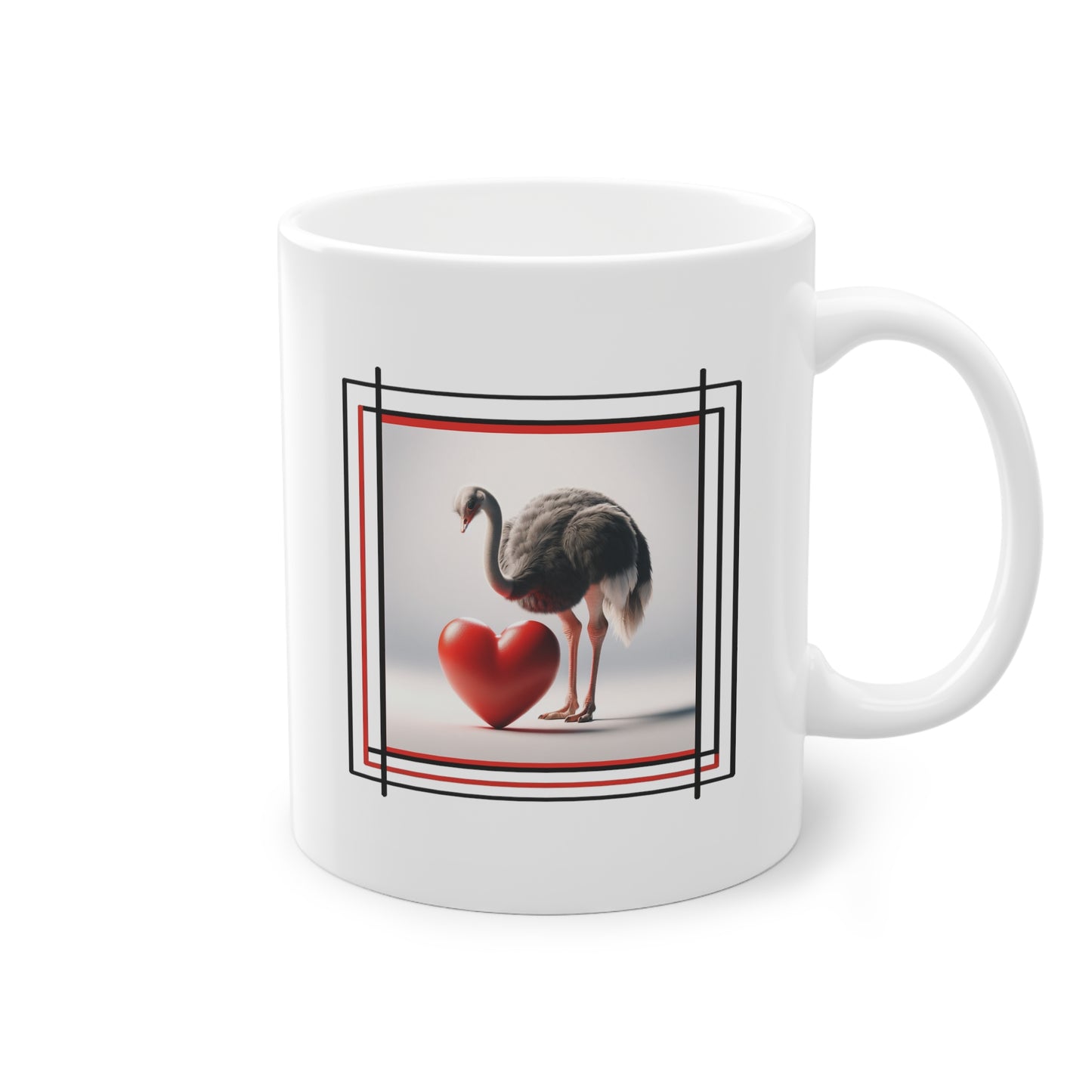 Côté du mug avec l'image de l'autruche affectueuse regardant un cœur rouge