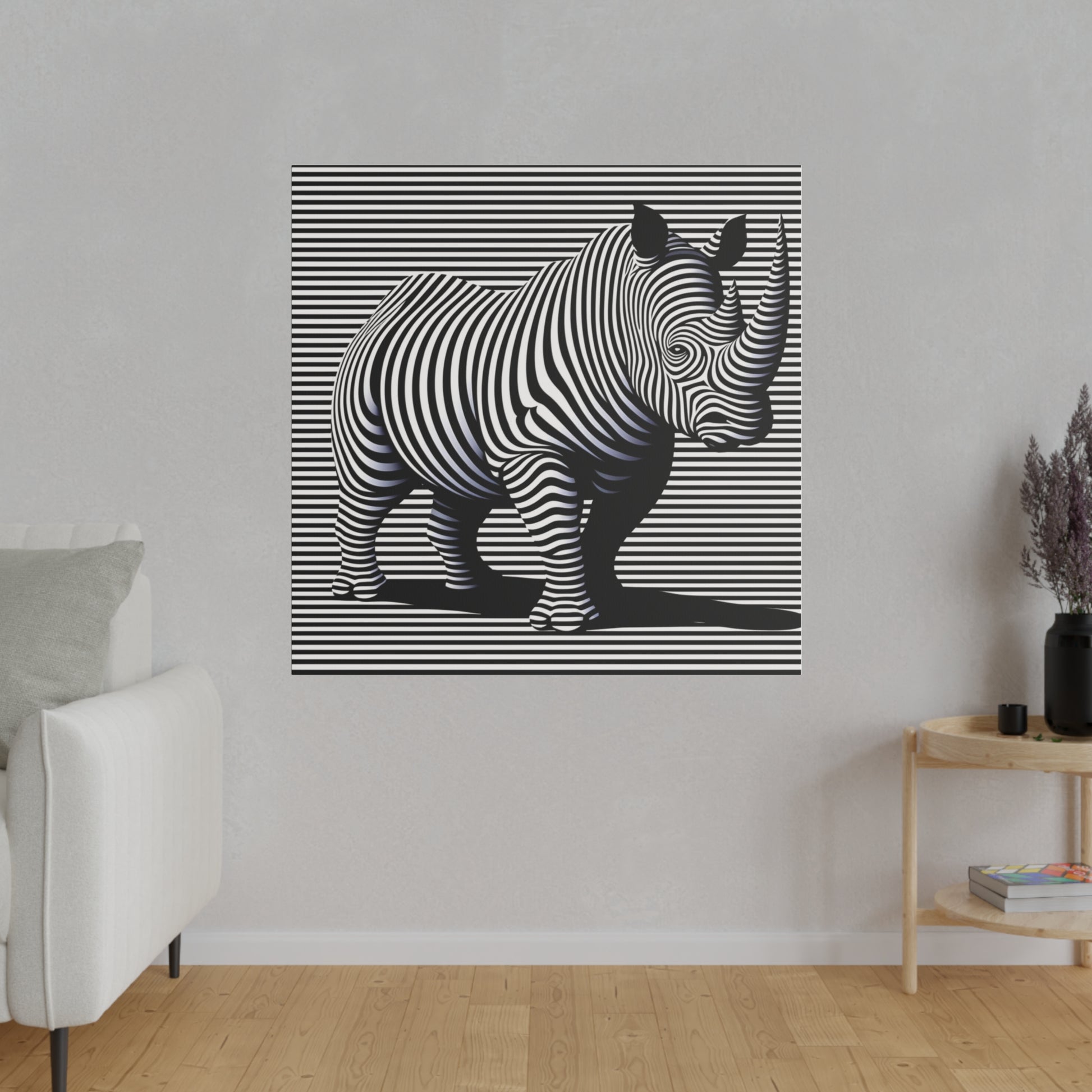 Toile avec une illusion moderne et desing en art optique rhinocéros en noir et blanc