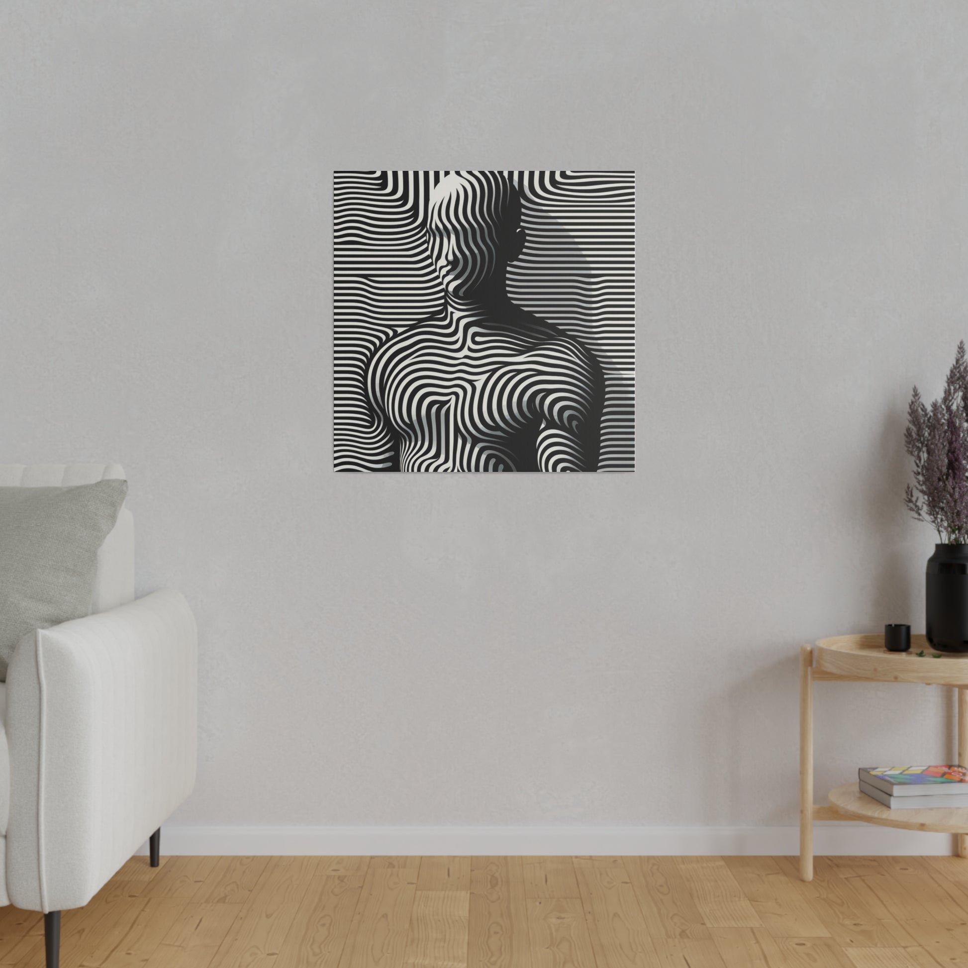 Tableau toile avec Silhouette homme camouflée illusion en art optique avec des lignes noires et blanches