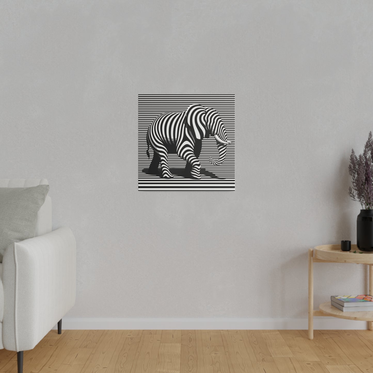 Toile moderne et design avec une image d’éléphant en art optique moderne type illusion avec rayures en noir et blanc