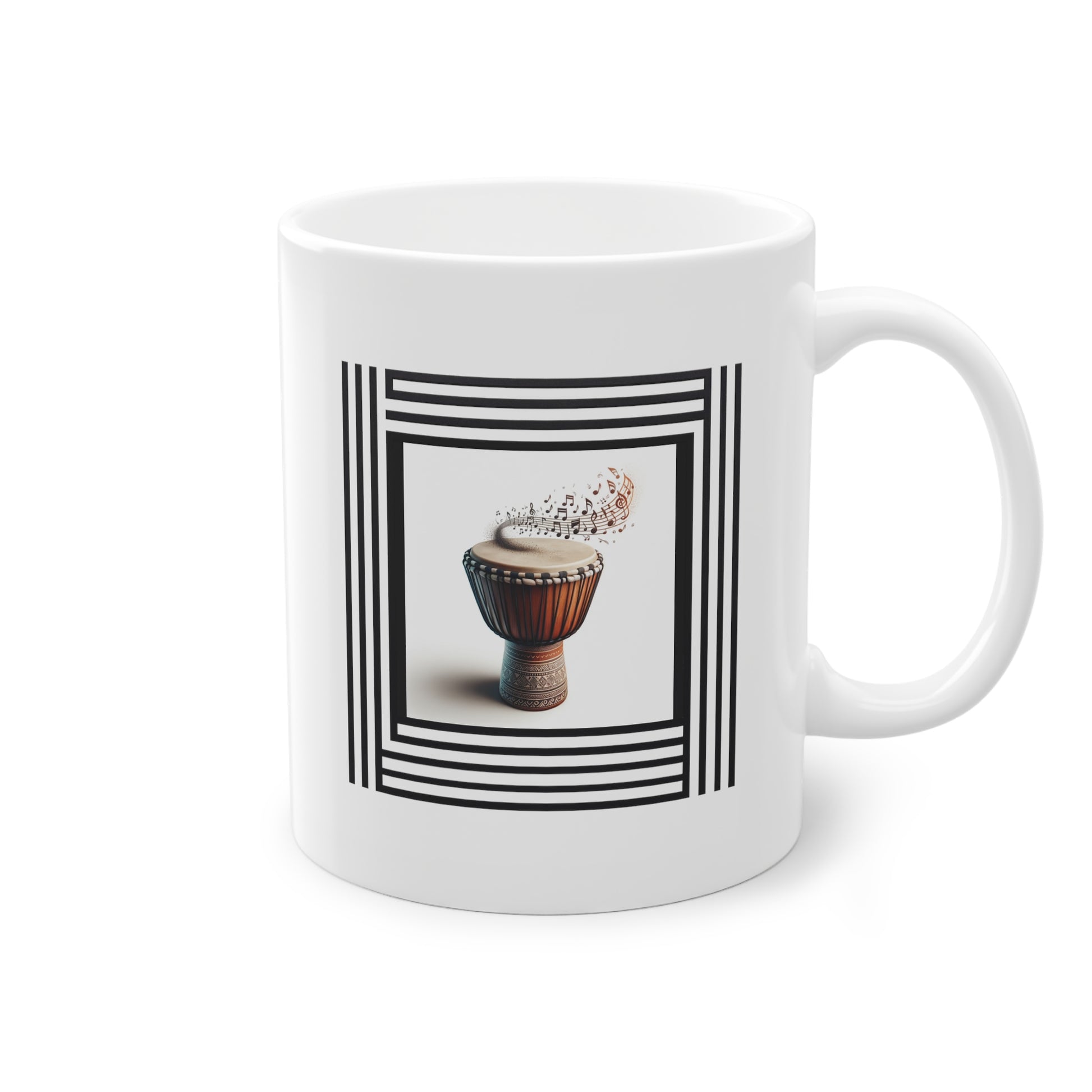 Côté du mug cadeau design avec image réaliste de Djembé et notes de musique