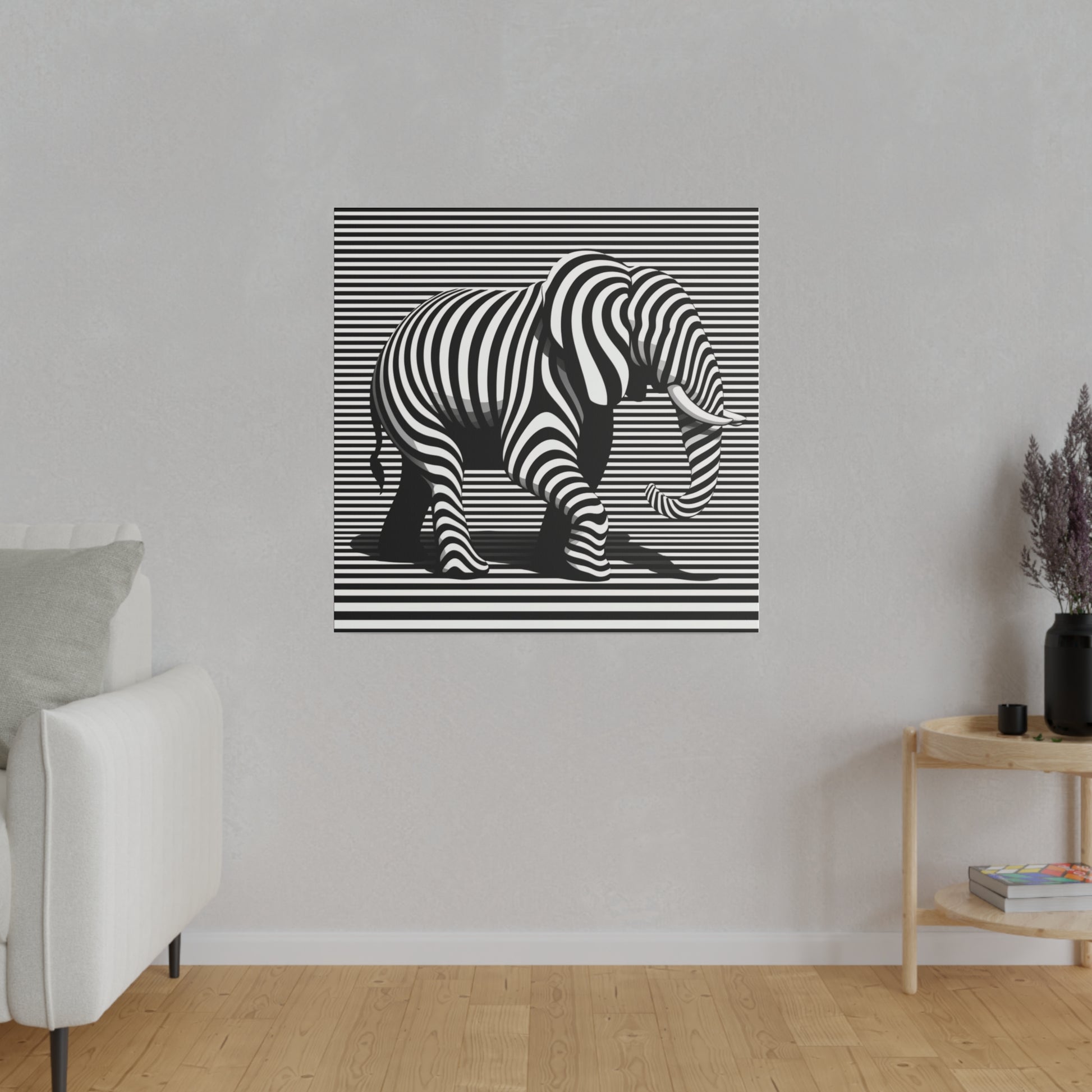 Toile moderne et design avec une image d’éléphant en art optique moderne type illusion avec rayures en noir et blanc