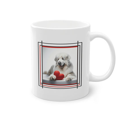 Mug Cadeau avec un chien Montagne des Pyrénées câlinant cœur rouge