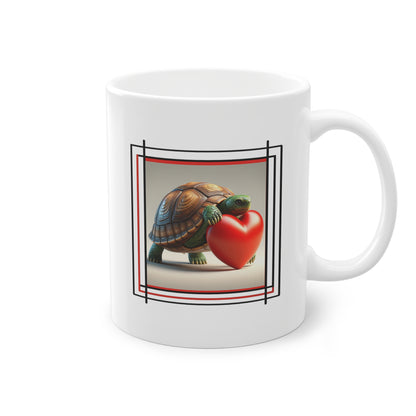 Tortue poussant un cœur rouge sur une tasse originale idéale pour un cadeau saint-Valentin