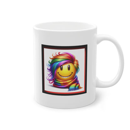 Smiley joyeux avec cheveux arc-en-ciel et écharpe sur mug cadeau