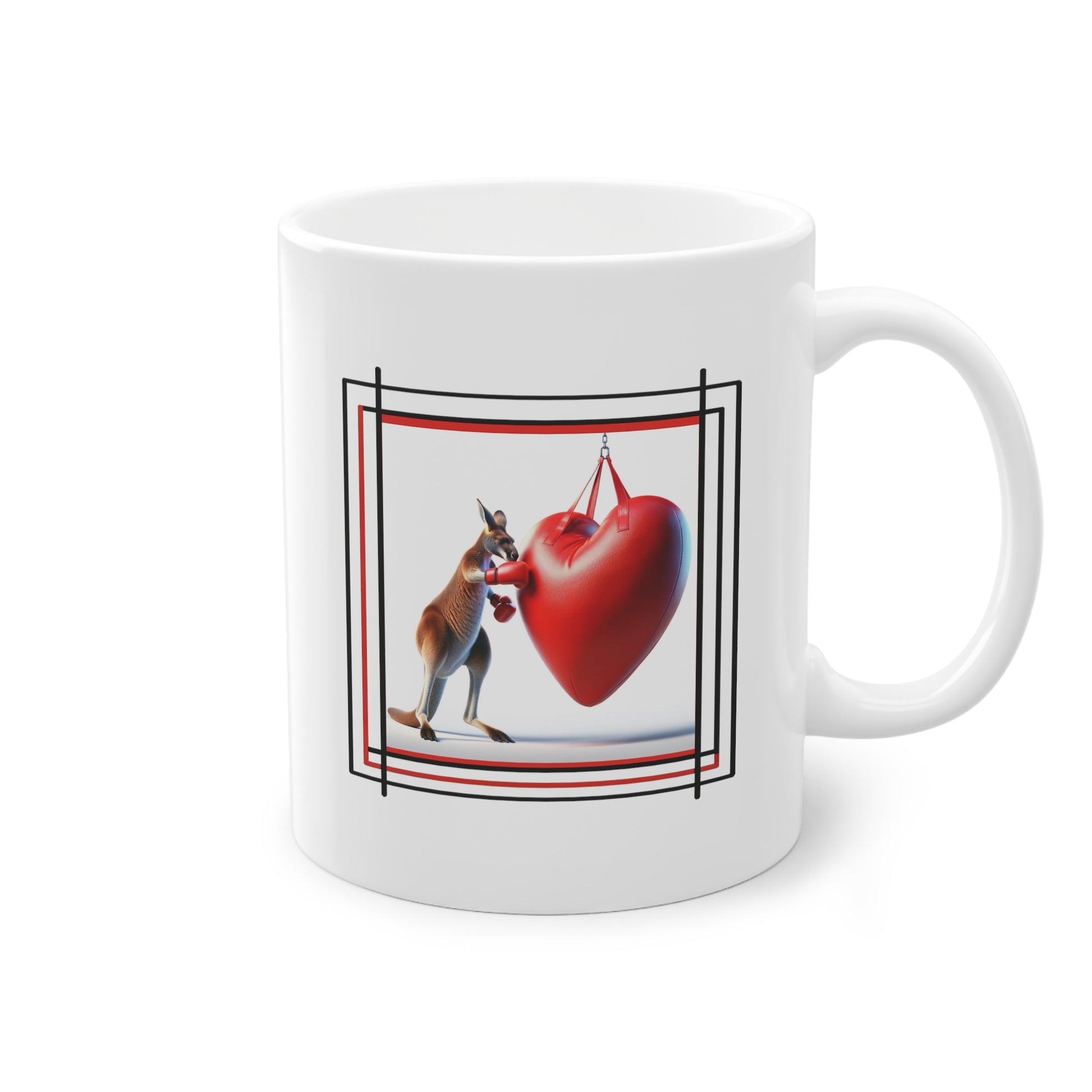 Côté du mug cadeau avec un kangourou boxant un punching-ball en forme de coeur rouge