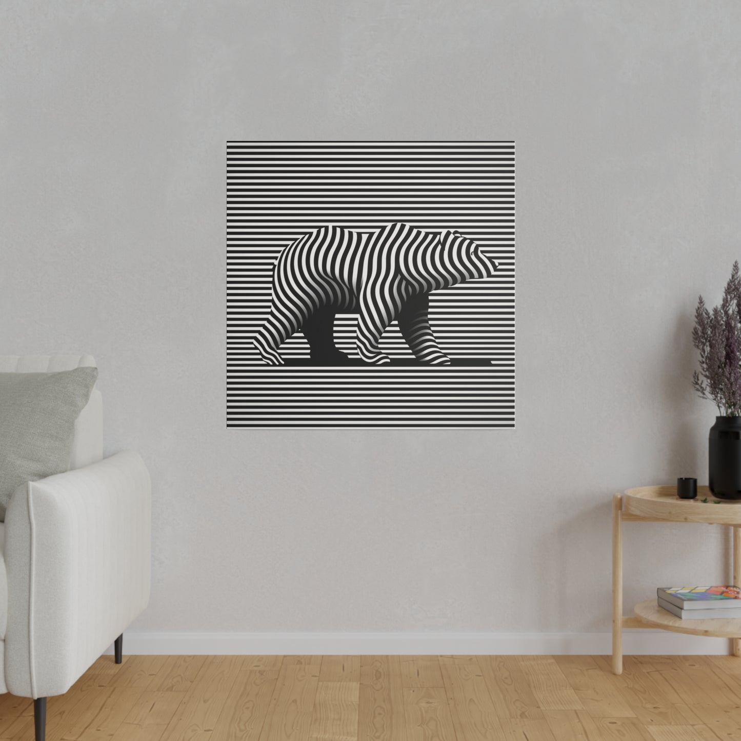 Toile canvas pour décoration intérieure murale avec un ours art optique moderne en noir et blanc