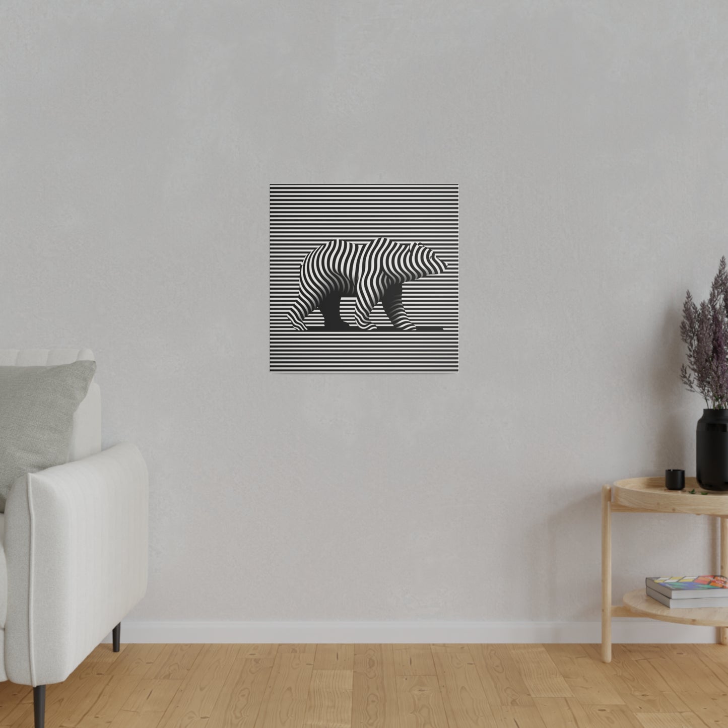 Toile canvas pour décoration intérieure murale avec un ours art optique moderne en noir et blanc