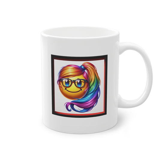 Côté du mug cadeau en céramique blanc, Smiley Arc-en-Ciel Joyeux avec Queue-de-Cheval et Lunettes