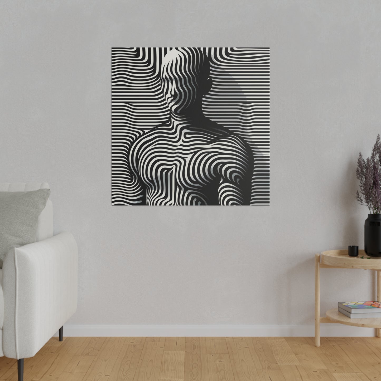 Tableau toile avec Silhouette homme camouflée illusion en art optique avec des lignes noires et blanches