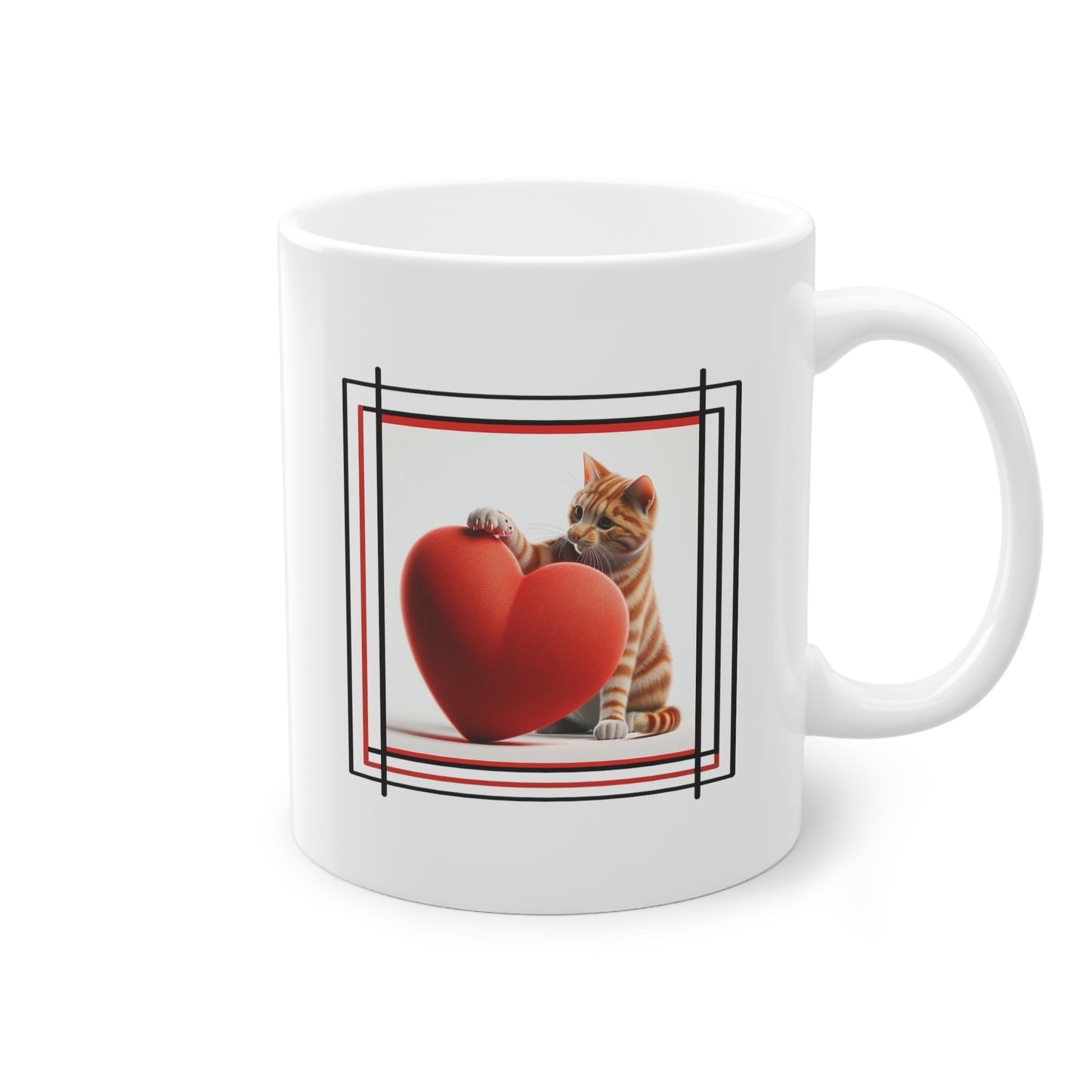 Chat roux jouant avec un cœur sur mug