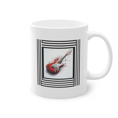 Mug blanc avec motif de guitare rouge et notes de musique