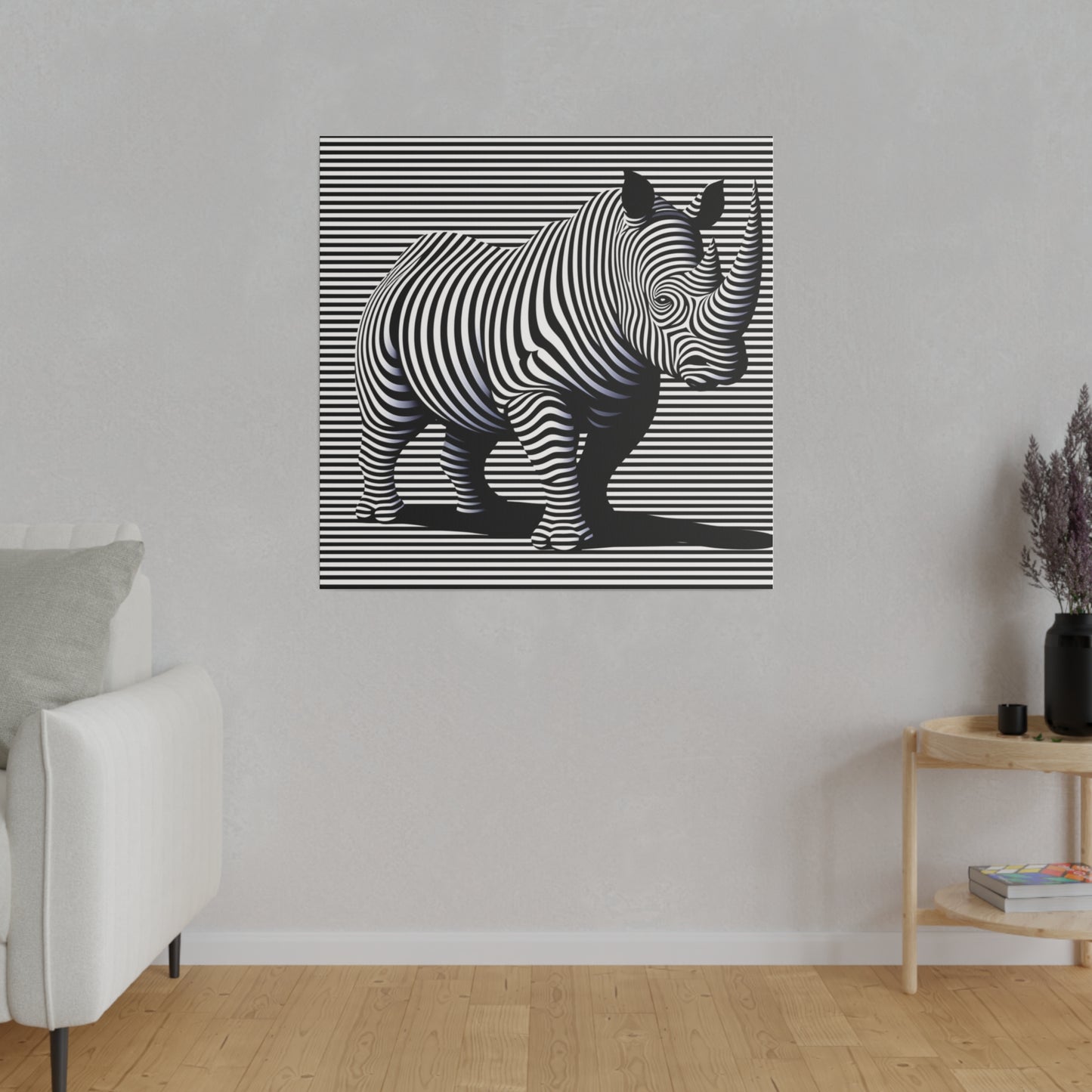 Toile avec une illusion moderne et desing en art optique rhinocéros en noir et blanc