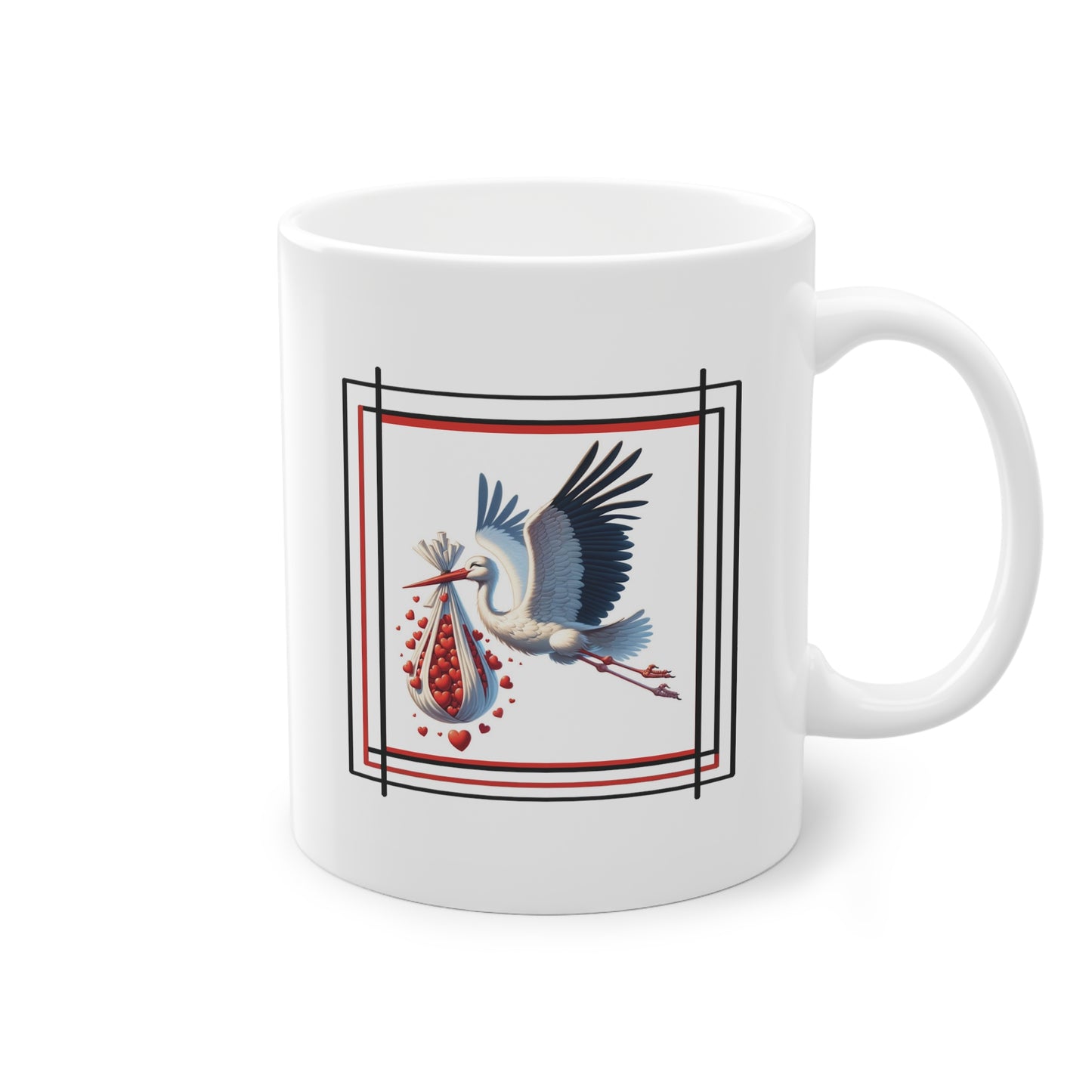 Tasse originale pour cadeau design avec une cigogne portant un baluchon de coeurs rouges 