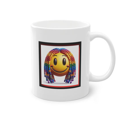 Smiley joyeux tresses arc-en-ciel sur mug céramique blanc idéal cadeau