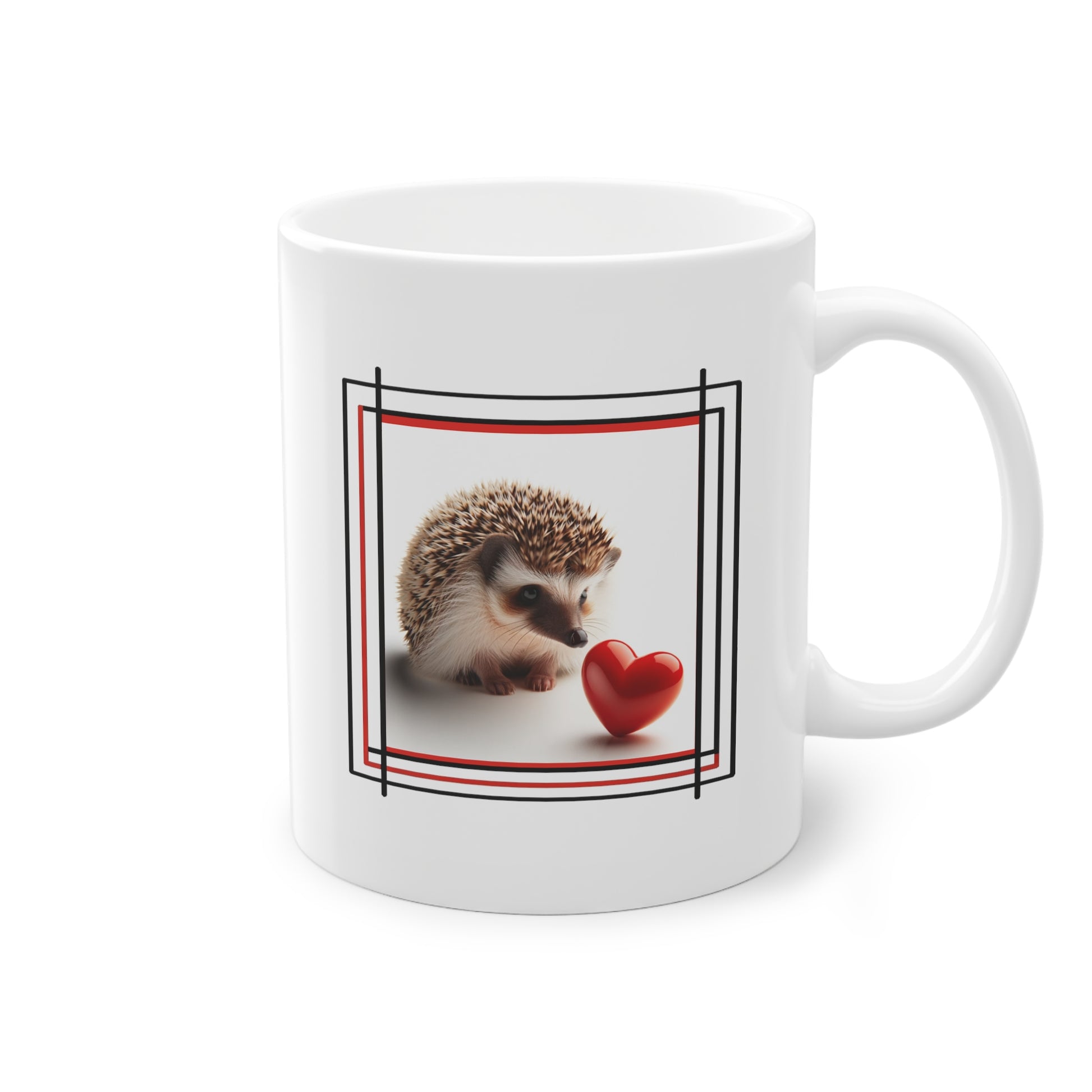 Mug design et moderne, avec un hérisson curieux regardant un cœur