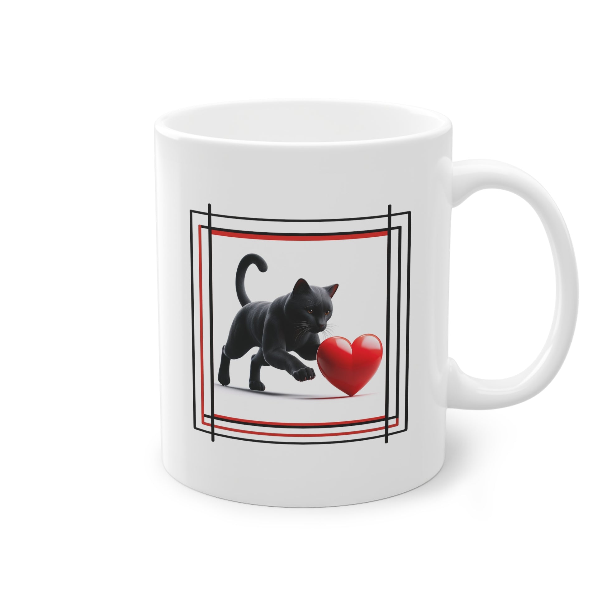 Mug avec chat noir prêt à bondir sur cœur rouge design