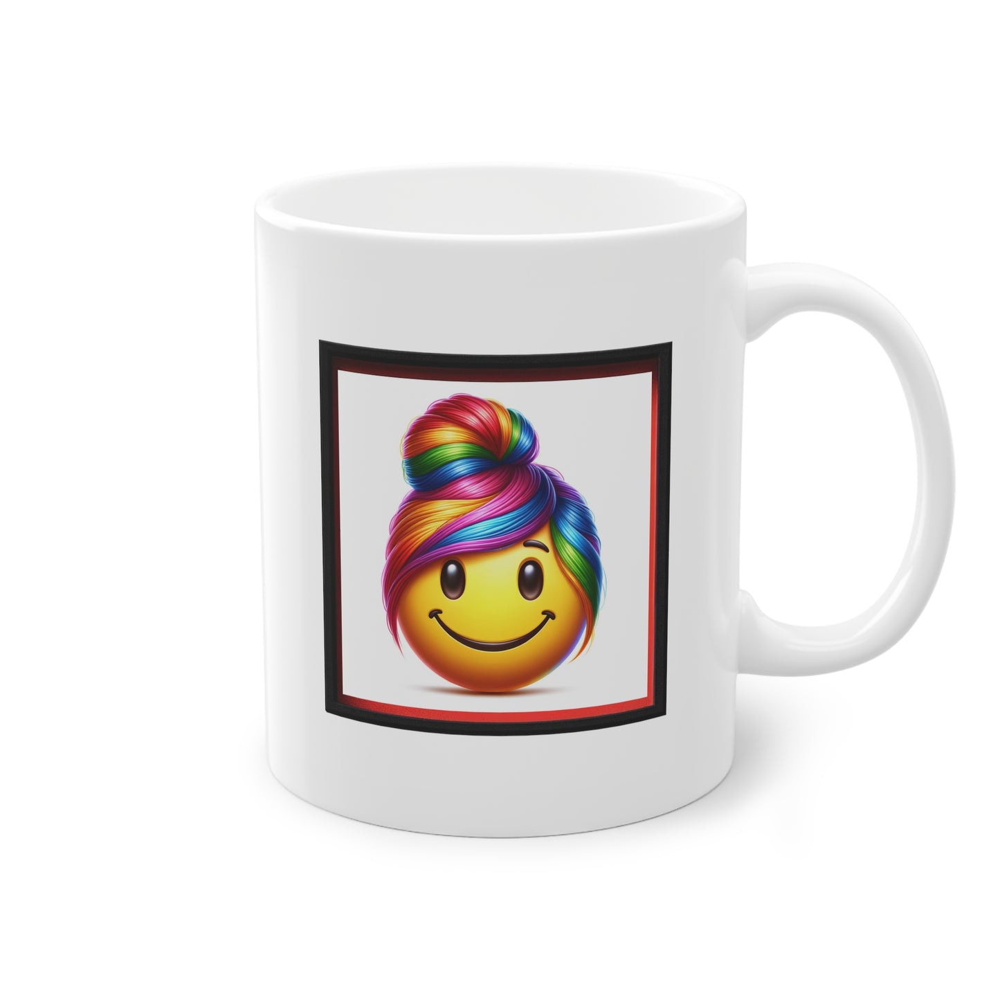 Mug cadeau céramique blanc avec smiley et chignon coloré