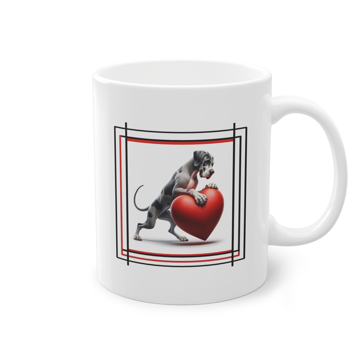 Côté du mug cadeau avec un Dogue Allemand affectueux les deux pattes avant sur un cœur rouge design