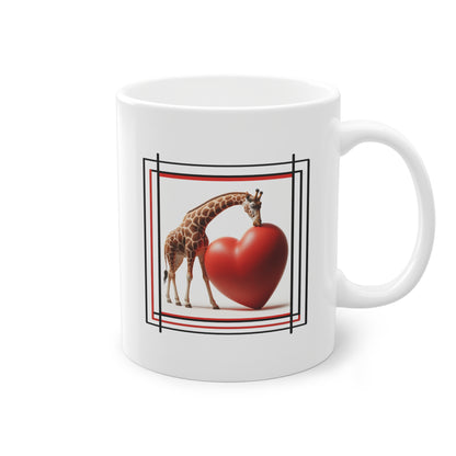 Côté du mug à offrir avec une girafe affectueuse et un cœur rouge