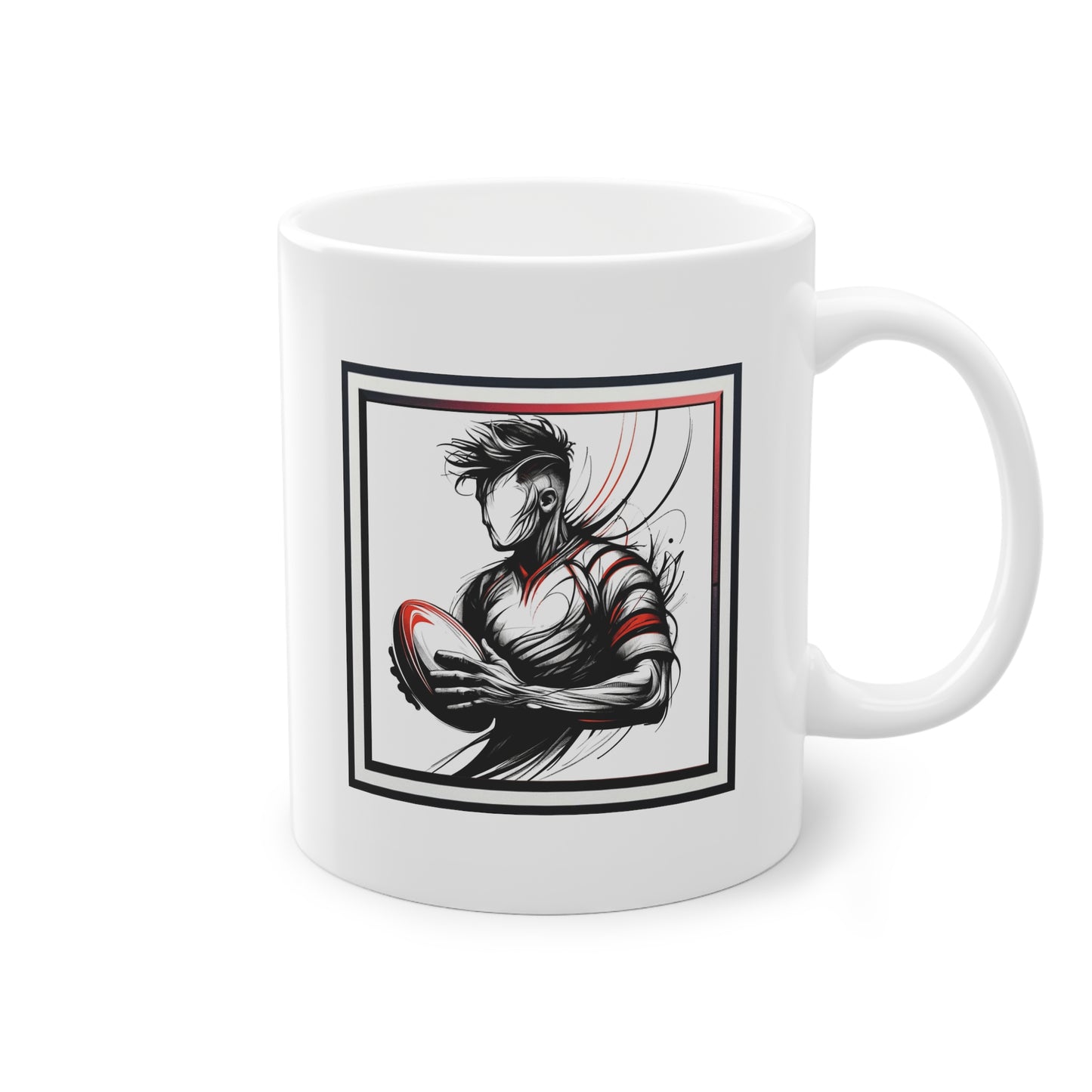 Côté de la tasse design moderne idéal cadeau homme rugby. Mug du rugbyman avec son ballon.