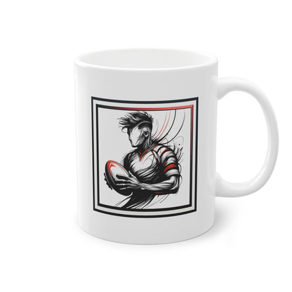 Côté de la tasse design moderne idéal cadeau homme rugby. Mug du rugbyman avec son ballon.