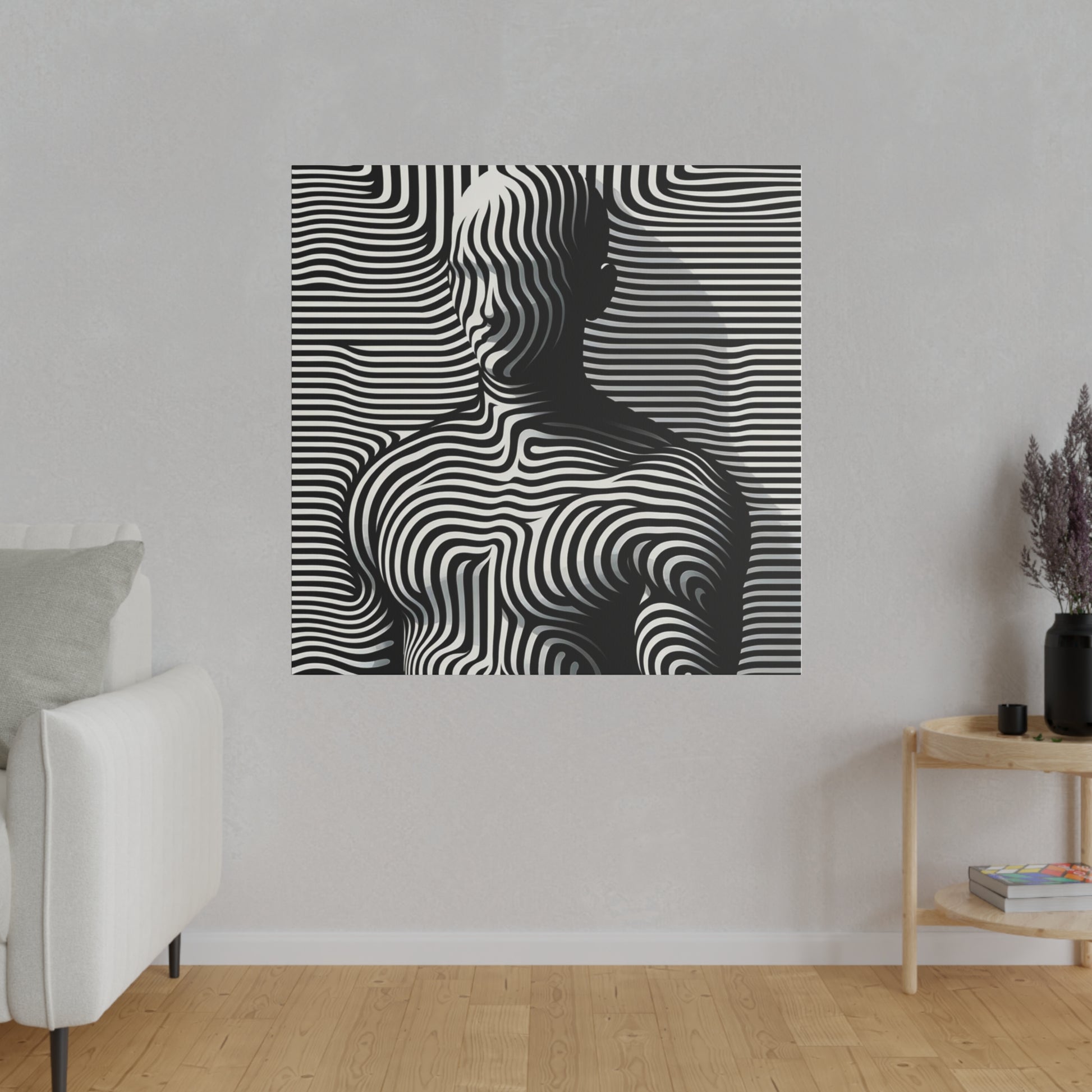 Tableau toile avec Silhouette homme camouflée illusion en art optique avec des lignes noires et blanches