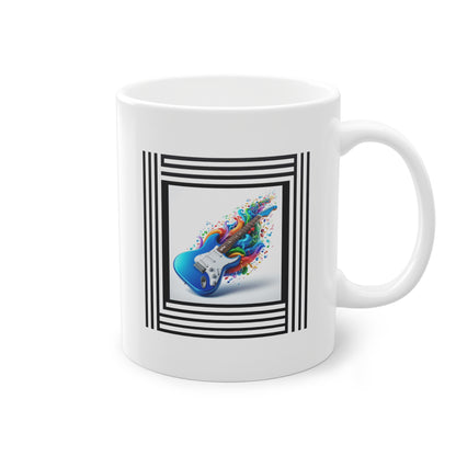 Mug cadeau céramique blanc avec guitare électrique bleue colorée et notes de musique