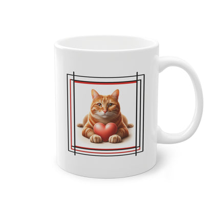 Côté du mug cadeau design du chat avec un coeur tenu dans ses pattes.