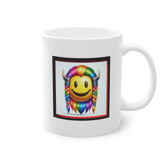 Smiley Viking aux cheveux arc-en-ciel sur mug céramique blanc idéal cadeau à offrir